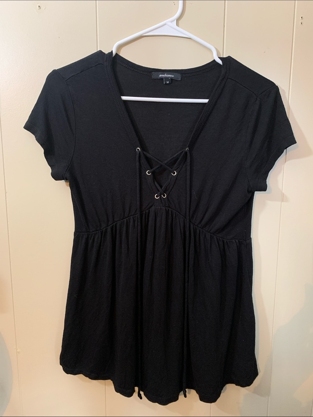Ambiance Black Lace-Up V-Neck Short Sleeve Tunic